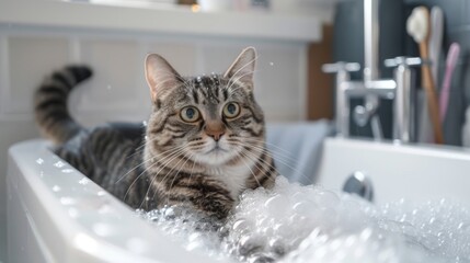 Poster - An overweight cat sitting in a bathtub filled with bubbles, looking curious and playful in a bright and clean bathroom