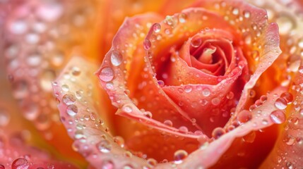 Poster - Macro shot of raindrops gathering on the surface of a coral rose, highlighting the vibrant color and delicate form