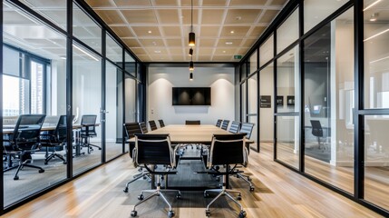 Wall Mural - A modern and sleek office conference room with a large glass table surrounded by black chairs and glass walls, featuring a minimalistic and contemporary design for professional meetings