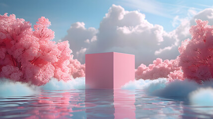 Wall Mural - A pink cube floats in the water amidst pink clouds