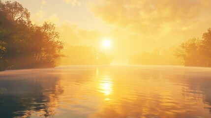 Poster - The sun rising over a misty lake, illuminating the tranquil waters with a soft golden light