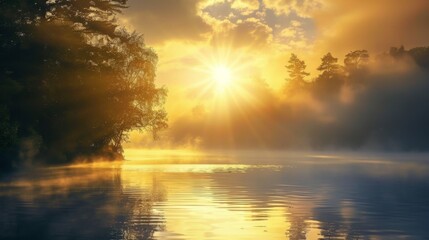 Poster - The sun rising over a misty lake, illuminating the tranquil waters with a soft golden light