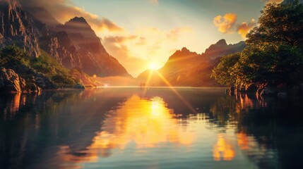 The sun rising over a tranquil mountain lake, casting a warm glow over the mirrored surface of the water