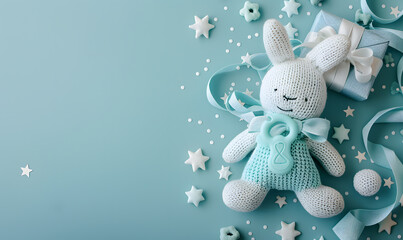 Wall Mural - A stuffed bunny next to a gift box on a blue table