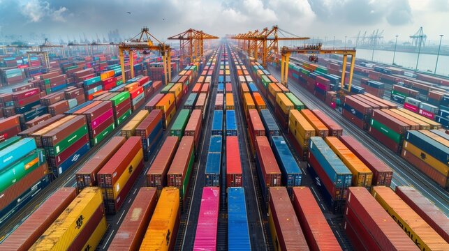 Aerial View of a Bustling Container Port with Rows of Multicolored Shipping Containers and Industrial Cranes Against a Cloudy Skyline