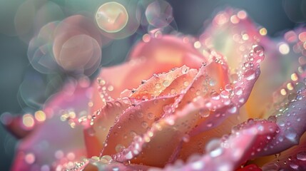 Poster - Water droplets clinging to the edges of a pastel rose, reflecting the soft hues of its petals in shimmering beauty