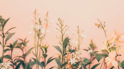 Wall Mural - Delicate pastel flowers and green leaves on a light pink background in a springtime garden