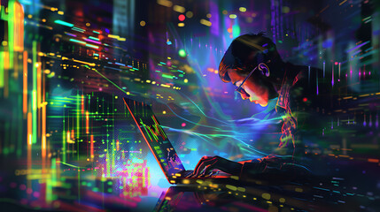 hombre programador virtual digital desarrollando redes en el ciberespacio haciendo analisis de la informacion de datos tecnologicos graficas trading futuro inteligente