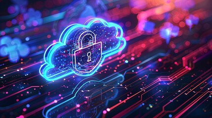 Poster - cloud computing concept illustration with secure connection presented by padlock inside the cloud