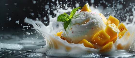 Wall Mural - Soft mango gelato with contrasting textures, featuring a velvety base and crunchy accents