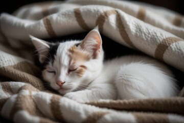 Tender cute purring calico kitten sleeping, closed eyes on a blanket, rustic crackling fireplace, cozy and dark room