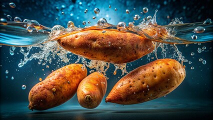 Wall Mural - Sweet potatoes in water with drops - Generative AI	
