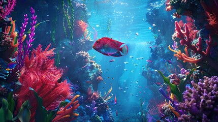 a fish swims in a coral reef with colorful plants and animals