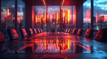 Poster - High-tech boardroom with city view. Modern high-tech boardroom with a city view, illuminated by red neon lights, emphasizing a futuristic corporate setting.