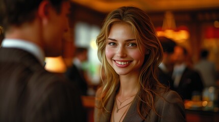 Poster - Smiling businesswoman at networking event. Smiling businesswoman in a professional networking event, engaging with colleagues, and enjoying a sophisticated corporate atmosphere.