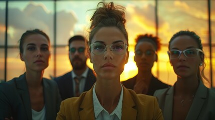 Poster - Diverse business team at sunset. Diverse business team standing together in an office, with a sunset background, symbolizing unity and collaboration in a corporate setting.