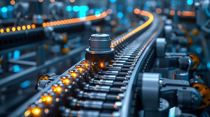 Wall Mural - Automated Production Line with Robotic Arm. Close-up of a robotic arm working on an automated production line, handling components in a high-tech industrial facility.