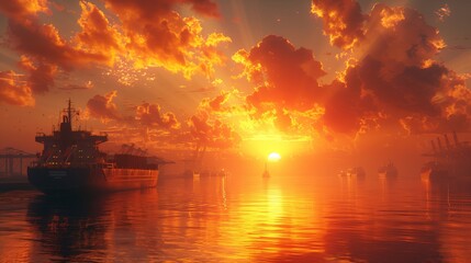 Wall Mural - Cargo Ship Docked at Sunset. Large cargo ship docked at a port during a stunning sunset, with cranes and other ships visible in the background.