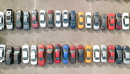 Overhead view of many different cars standing in rows in parking lot. Multicolored cars, texture wallpaper. Background for car dealership banner.