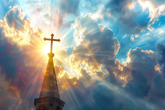 A cross atop a church steeple, surrounded by sunrays streaming through a turbulent cloudy sky, representing sanctuary and divine light.