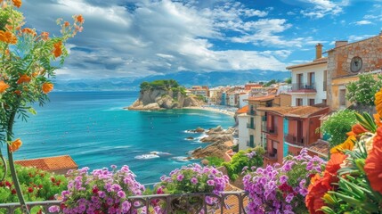 Seaside town in Spain with flowers, fences and ocean in the background