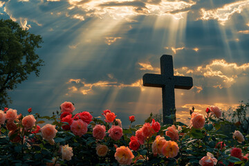 A cross in a serene garden of roses, bathed in the soft light of sunrays filtering through a cloudy sky, creating a scene of beauty and reflection.