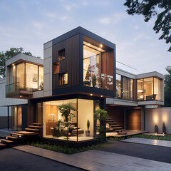 Exterior of a modern luxury house at night. Nobody inside.