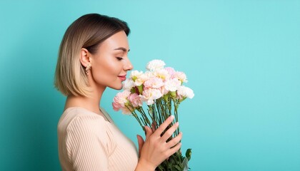 Wall Mural - Portrait of a woman smelling flowers on flat pastel blue background with copy space for text, spring banner template. Bouquet gift, flower store.