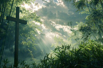 A cross in a serene bamboo forest, illuminated by dappled sunlight filtering through the clouds and dense foliage, creating a scene of natural beauty and peace.