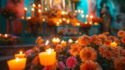 Religious Ritual with Candles and Flowers