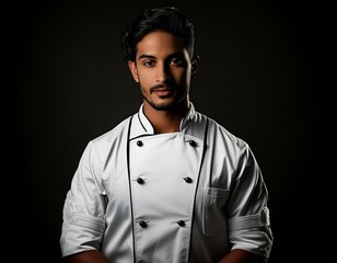 Wall Mural - Professional chef's white double-breasted jacket with rolled-up sleeves