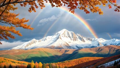 Wall Mural - Autumn Rainbow Over Mountain Peaks and Hills