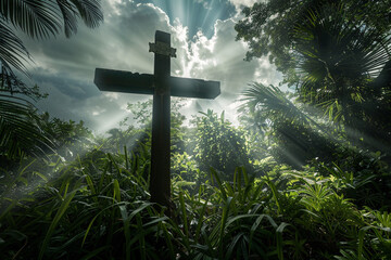 Sticker - A cross in a lush forest, illuminated by dappled sunlight filtering through the dense canopy and clouds above, creating a scene of natural beauty and peace.