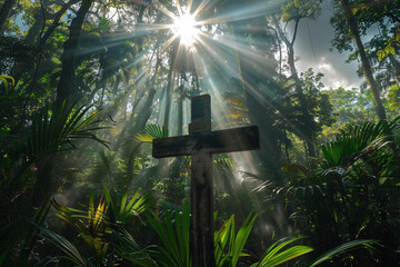 Sticker - A cross in a dense forest, with gentle sunrays filtering through the tree canopy and clouds above, creating a tranquil and mystical atmosphere.