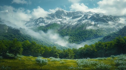 Poster - Dense Vegetation at the Foot of the Mountain with Deep Green Forest Contrasting Snow, Under Blue Sky with White Clouds. 8K Capture of Nature's Vastness and Majesty.