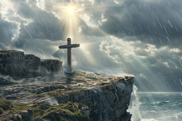 Wall Mural - A cross on a windswept cliff, with powerful sunrays piercing through a stormy sky, representing strength and hope in adversity.