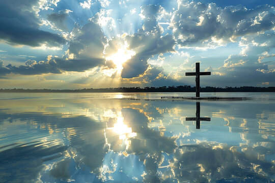 A cross on a tranquil lake, with sunrays reflecting off the water's surface through a cloudy sky, creating a peaceful and serene scene.