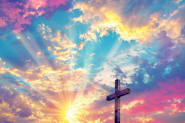 A cross set against the backdrop of a sunset sky, with vibrant sunrays streaming through the colorful clouds, representing the end of a journey and the beginning of another.