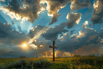 Wall Mural - A cross standing in a meadow, illuminated by sunrays breaking through a dramatic sky filled with dark clouds, representing hope and salvation.