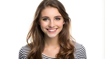 Wall Mural - Smiling Young Woman's Portrait Against a White Background