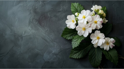 Wall Mural - a flower bouquet of primrose flower in the right side on dark background