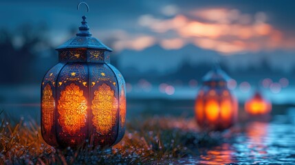 Sticker - Ramadan Lantern decoration background 3d rendering  