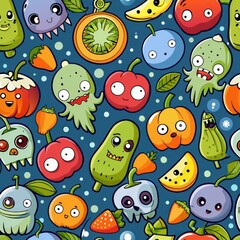 Seamless pattern of cute cartoon zombie fruits and vegetables with bite marks and googly eyes, Generative AI