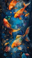 A watercolor style illustration of fish underwater in a beautiful nature scene. 