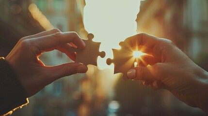 Wall Mural - Two hands holding two puzzle pieces connecting together in a light background, concept of collaboration and harmony in a work team during golden hour light with sun rays through a window.