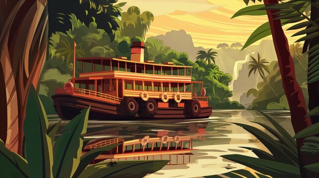 Illustration of lush tropical river cruise at sunset with a large passenger boat.
