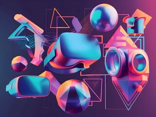 Poster - Captivating Abstract Virtual Reality Shapes Composition in Vibrant Neon Colors