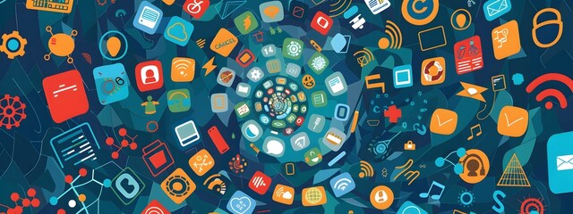 Poster - Spiral of Vibrant Tech Related Symbols and Icons