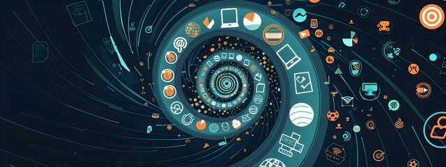 Poster - tech spiral a dynamic futuristic design of interconnected digital symbols