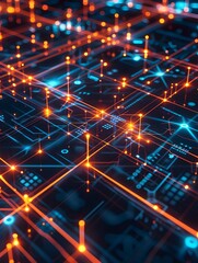 Fototapete - Abstract Futuristic Data Grid with Glowing Connected Neon Shapes and Particles